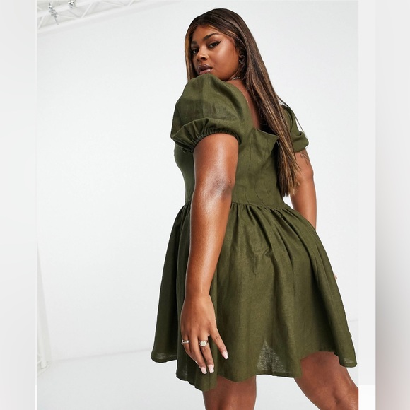 ASOS DESIGN Curve corset linen mini skater dress w/ puff sleeve US 18/UK 22 - Picture 3 of 8
